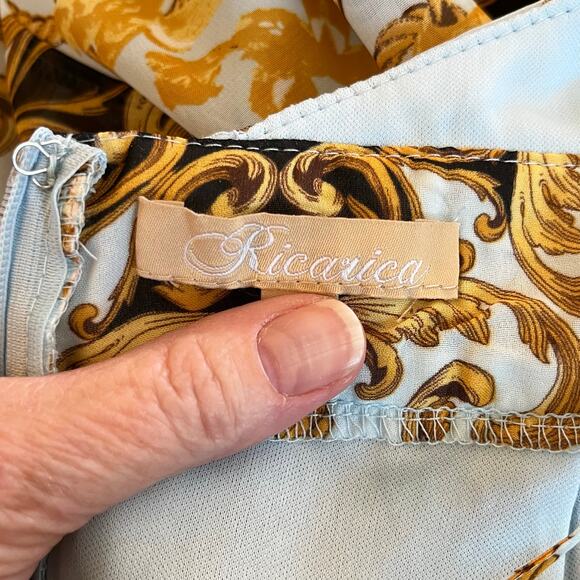 Powder Blue Gold Chiffon Baroque Sleeveless Open Back V-Neck Maxi Dress Med New - Picture 4 of 15